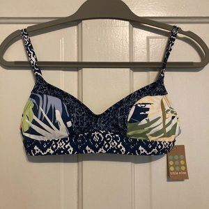 Title Nine Swim Bikini Top Patchwork Mixed Media Small S Blue White Tropical New